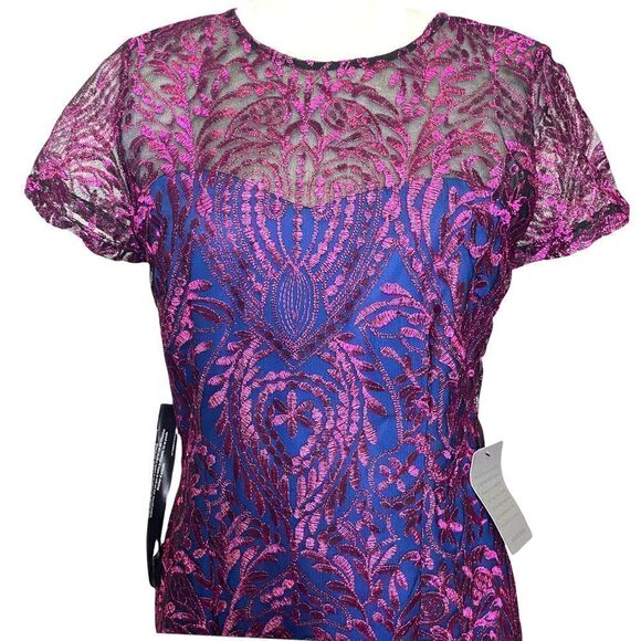 JS Collections‎ Short Sleeve Blue Pink Overlay Metallic Sheath Cocktail Dress - Picture 7 of 12